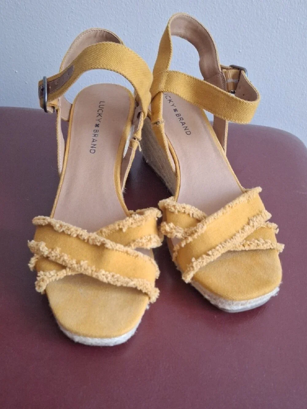 Lucky Brand Yellow Strappy Wedge Sandals - Canvas Frayed Trim